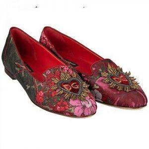 Mystore10 DOLCE & GABBANA Lurex Ballet Flats AUDREY Sacred Heart Embroidery Gold Red 09649