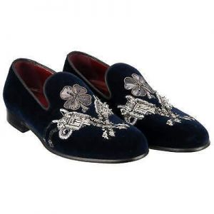 DOLCE & GABBANA Pistols Flower Embroidery Velvet Loafer Shoes MILANO Blue 08596